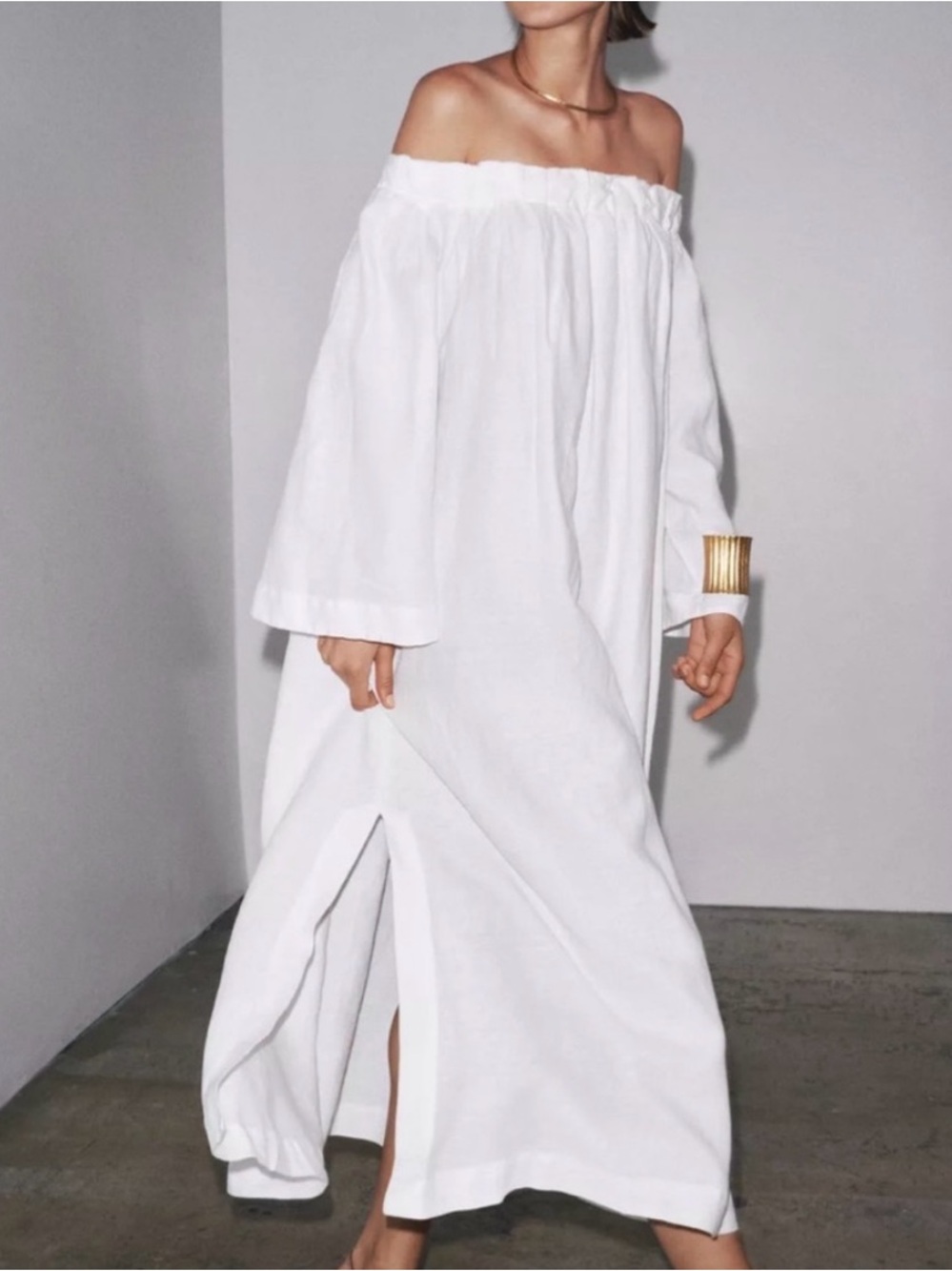 Zara White Off-Shoulder Maxi Skirt Dress with Side Slit